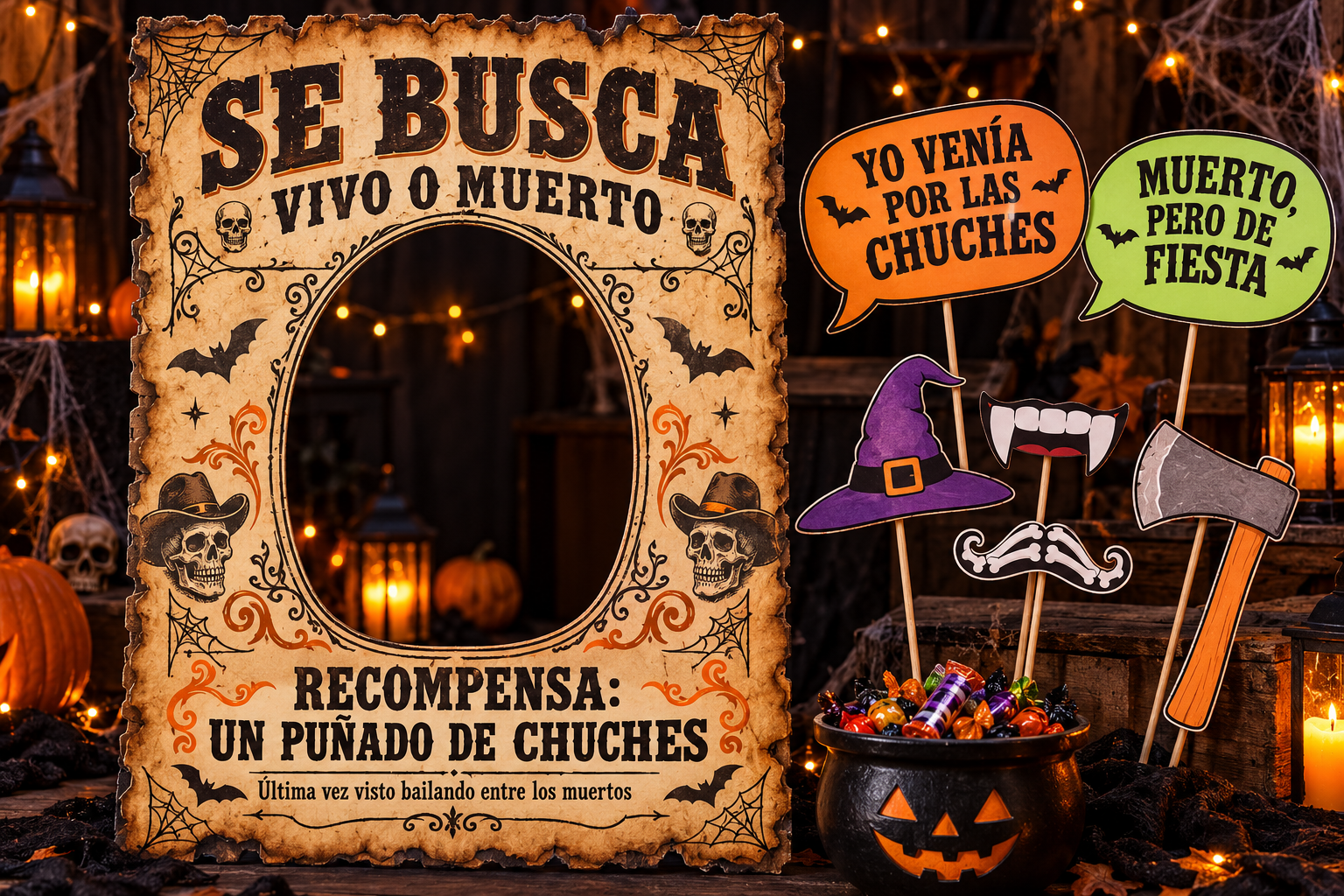 Nuestro photocall de Halloween: cartel SE BUSCA, calabazas, velas y accesorios para las fotos